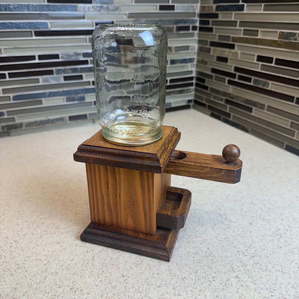 VTG Handmade Wooden Candy / Nut Dispenser with Glass Mason Jar Amish Made Rustic